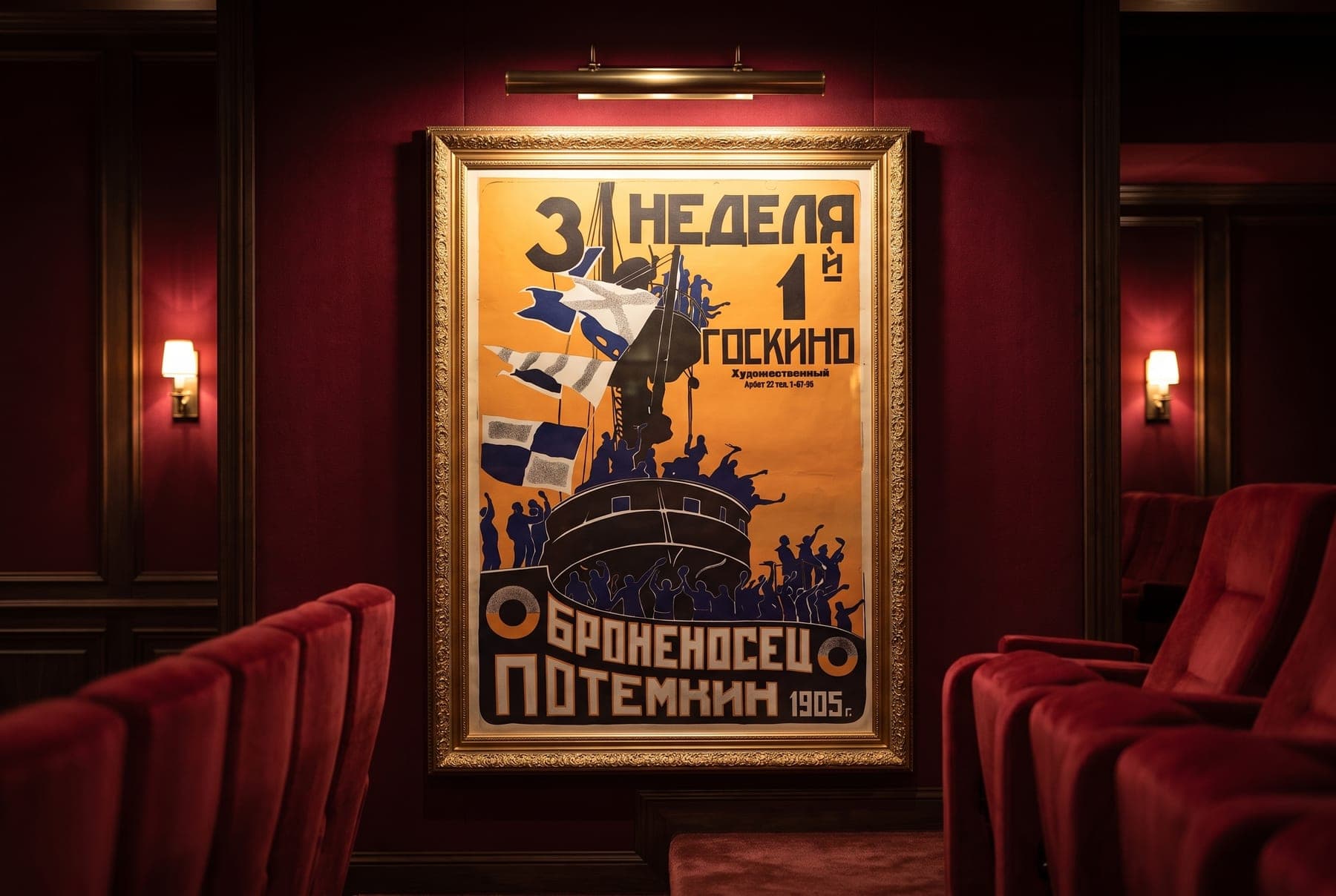 The Battleship Potemkin one-sheet reproduction, framed in a crimson private theatre