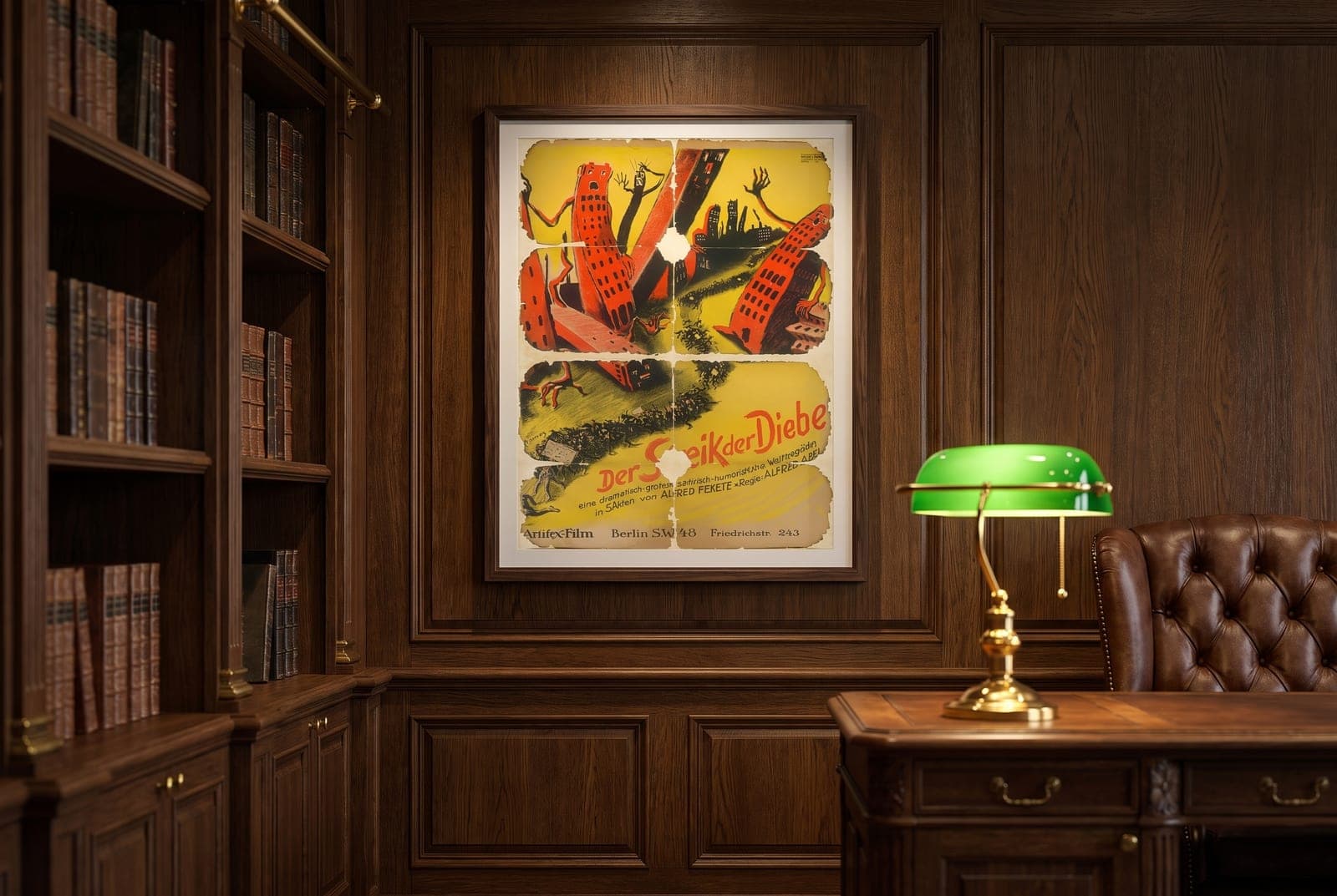 Der Streik der Diebe reproduction, framed in a panelled library study