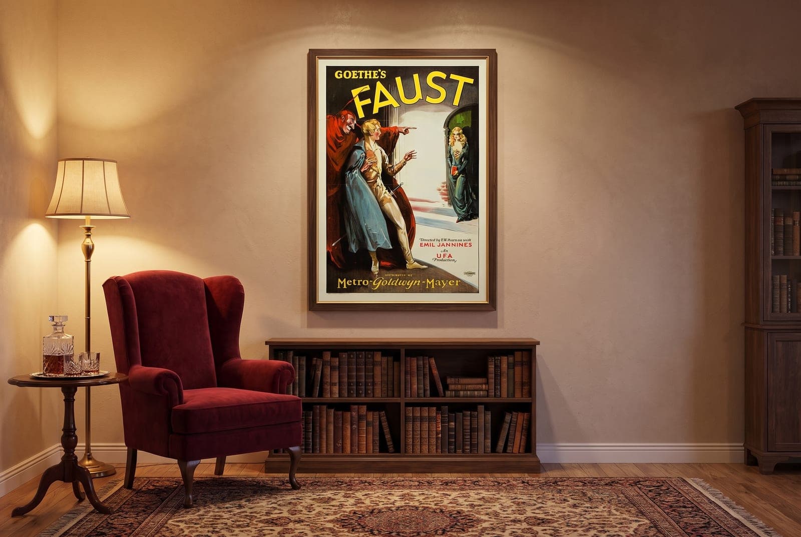 The Faust one-sheet reproduction, framed in a finely appointed 1920s drawing room