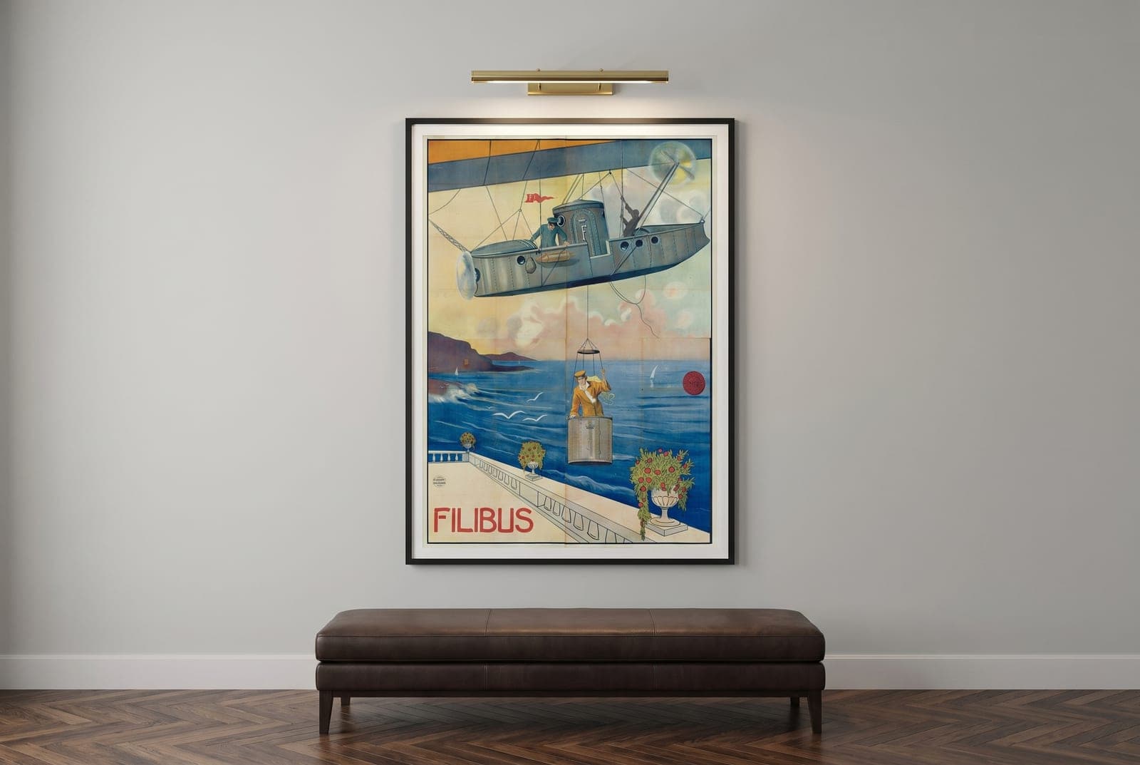 The Filibus airship reproduction, framed on a collector’s gallery wall