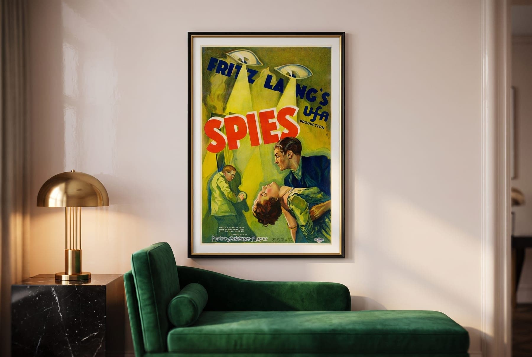 The Spione one-sheet reproduction, framed in an Art Deco drawing room