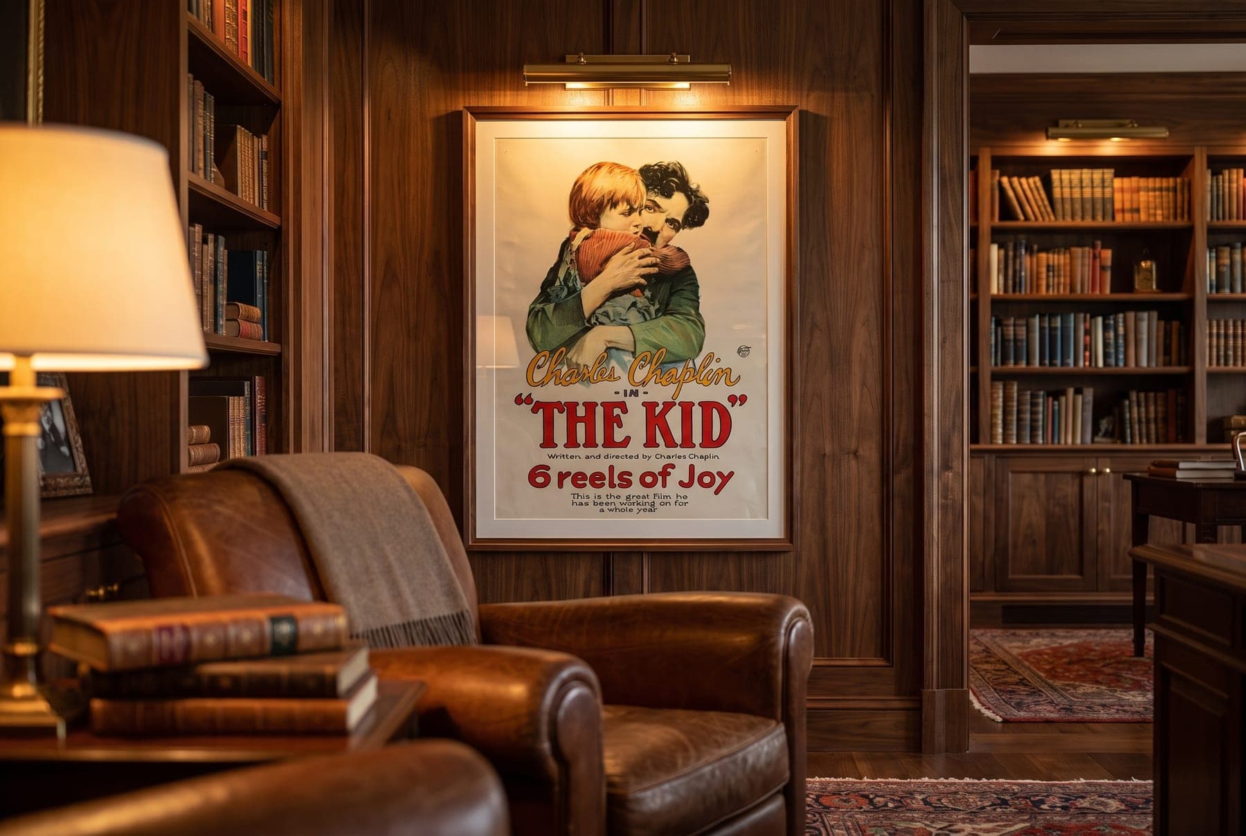 The Kid one-sheet reproduction, framed in a panelled library-study