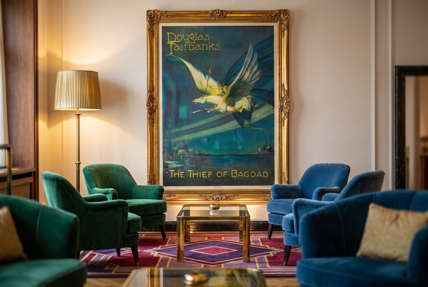 The Thief of Bagdad one-sheet reproduction, framed in an opulent Deco salon