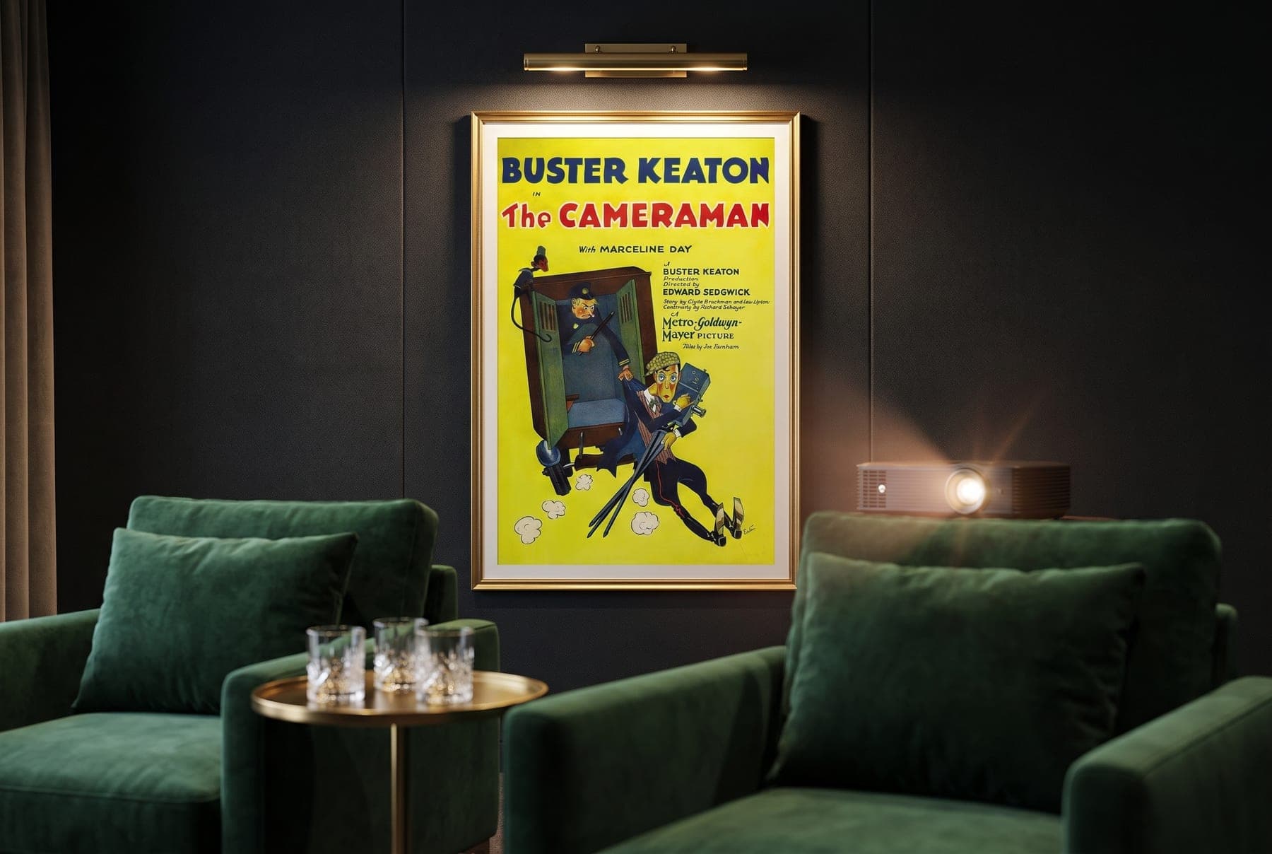 The Cameraman one-sheet reproduction, framed in a private screening room
